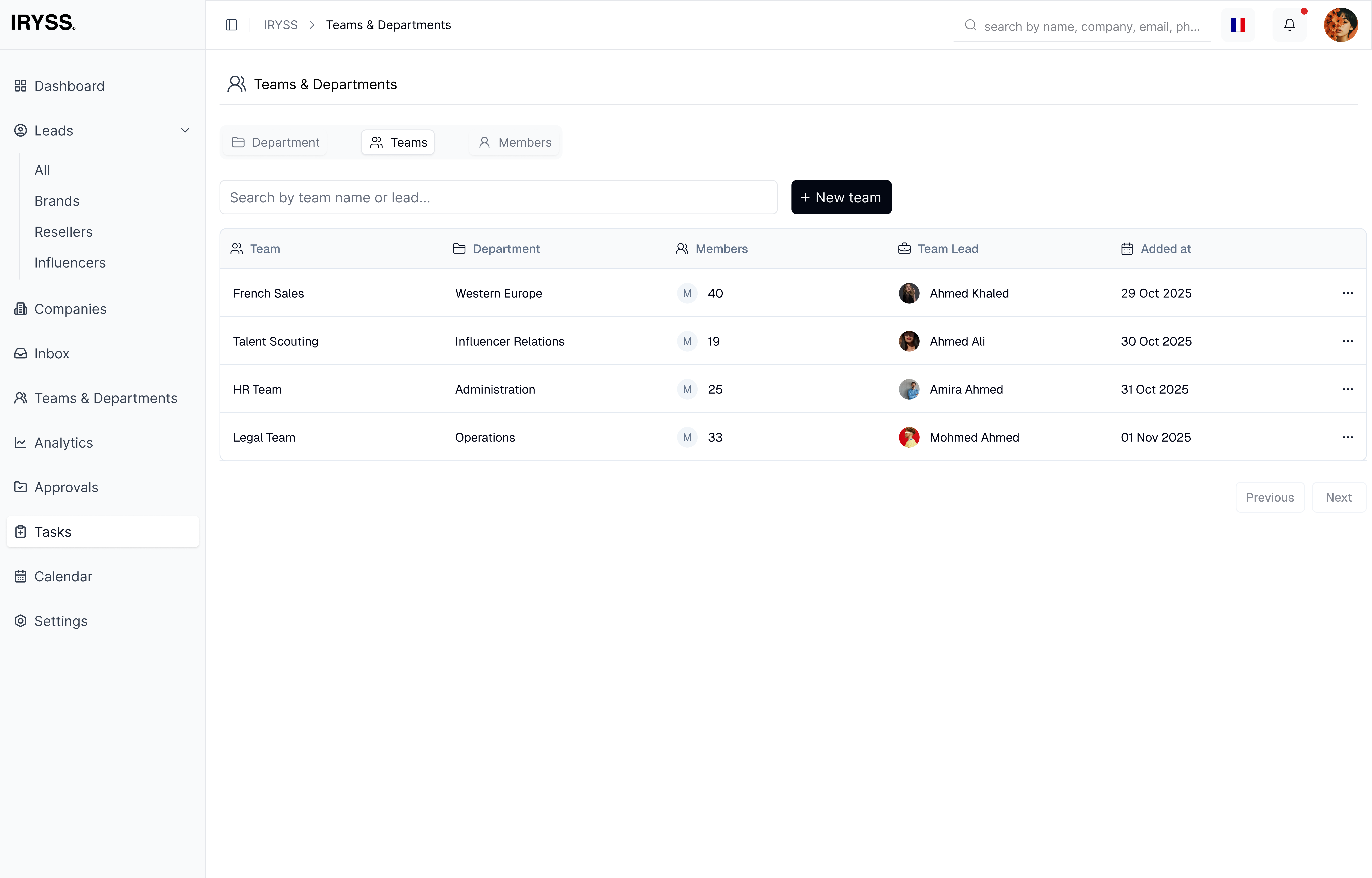 IRYSS CRM Team Management