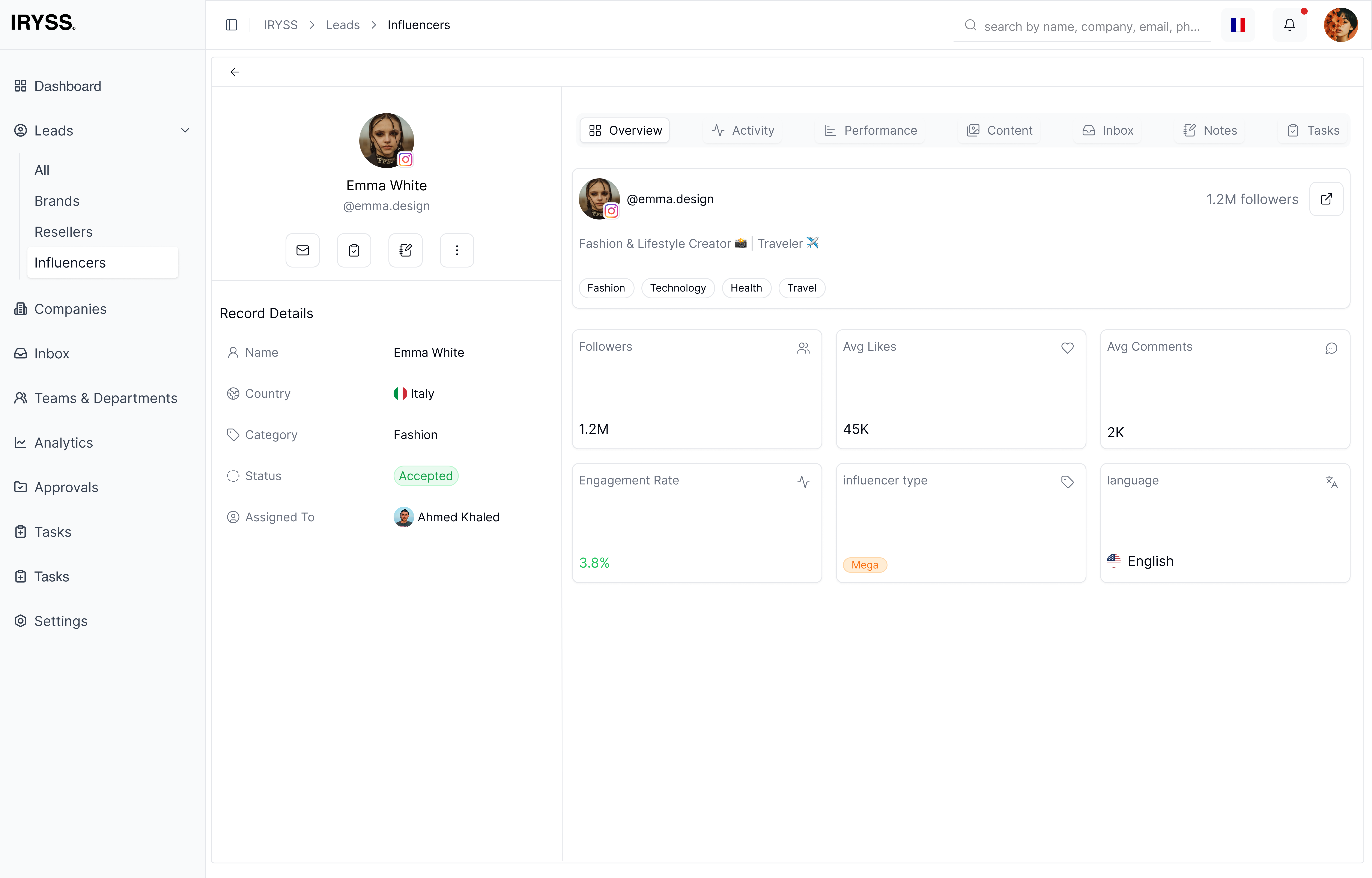 IRYSS CRM Lead Profile Details Overview